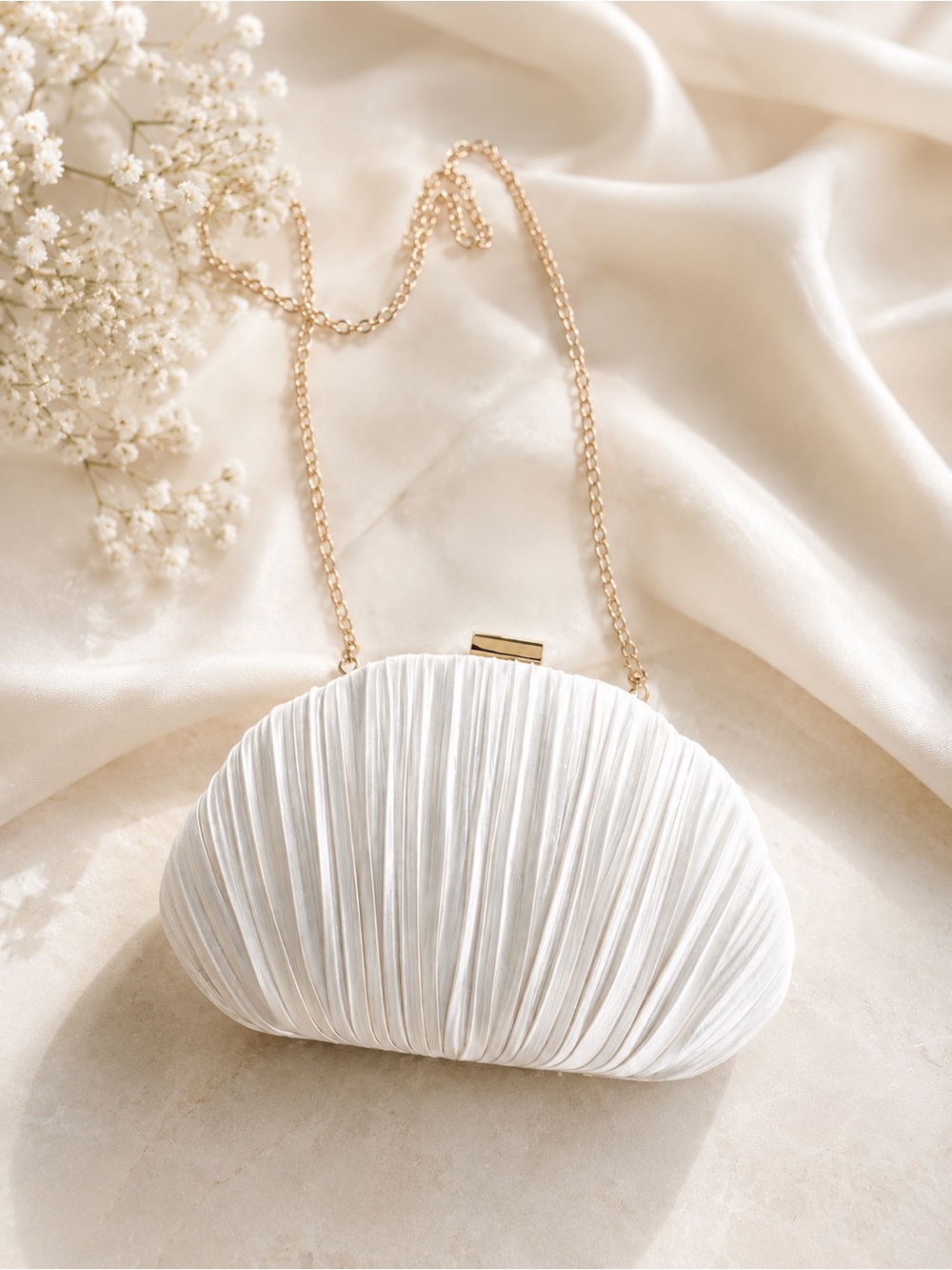 Elegant White Pleated Clutch Evening Bag Gold Chain Wedding Bridal Purse